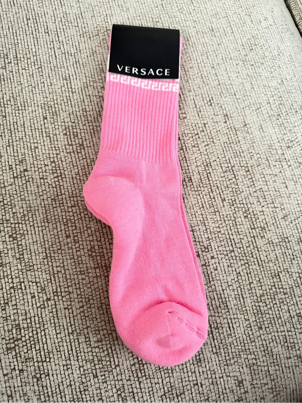 Versace Pink Crew Socks with White Greek Key Trim